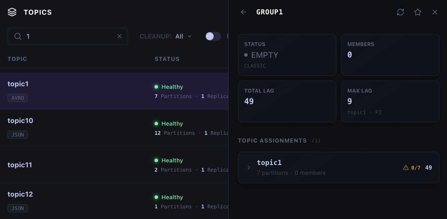 Consumer group details opened from a Kafka topic with a back button to return to the topic